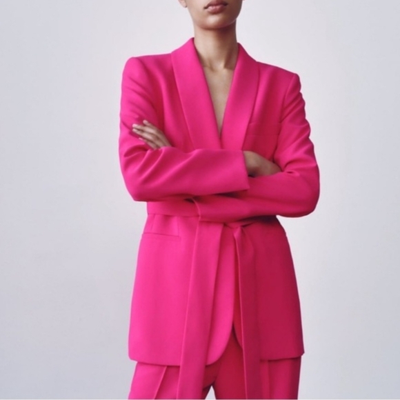 NWT ZARA $130 Belted Tuxedo Blazer Vibrant Pink Women's XL Neon Fuschia NEW! - Picture 4 of 16